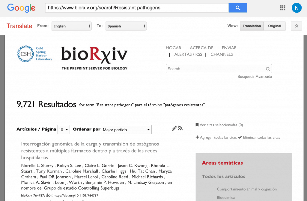 google search bar in english at top with biorxiv results page in spanish below