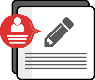 Icon of a document with a pencil, symbolizing writing or editing, and a red speech bubble with a user icon and horizontal lines, representing communication or feedback.
